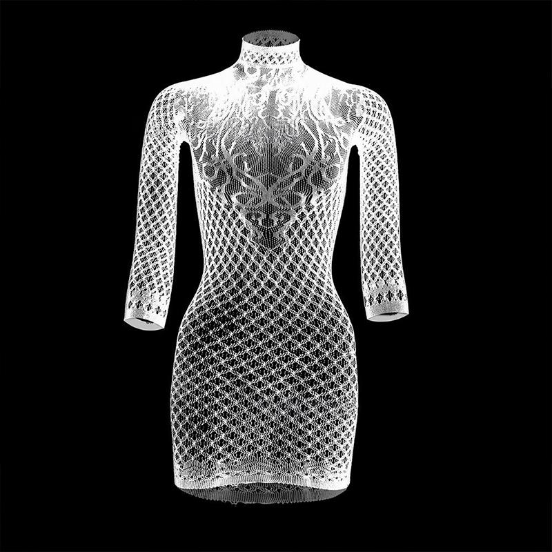 Fishnet Dress Women Solid Color Sexy Backless Tight See-Through Mesh Dress