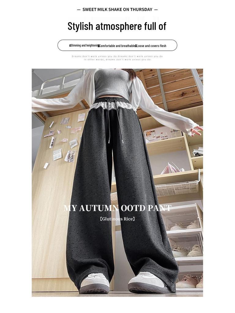 Gray Lace Polka Dot Scimitar Pants: Women's High Waist Drawstring Loose Wide Leg Sports Pants for Spring