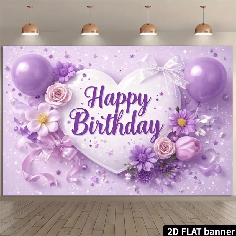 Sfondo 2D Buon Compleanno Cuore Viola Palloncini Floreali e Fiocco Sfondo Fotografico