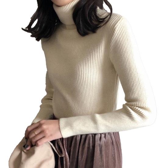 Suéter Feminino Gola Alta Manga Longa Ajustado Tricô Tops Cor Sólida Tecido Macio Elástico Tops de Base Uso Diário