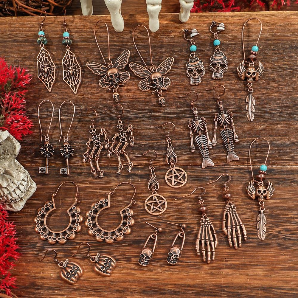 

12 пар винтажных красных серег-капель, серьги на Хэллоуин, тематический набор серег, серьги для вечеринки с подвижным скелетом, тыквой, привидением, подарки