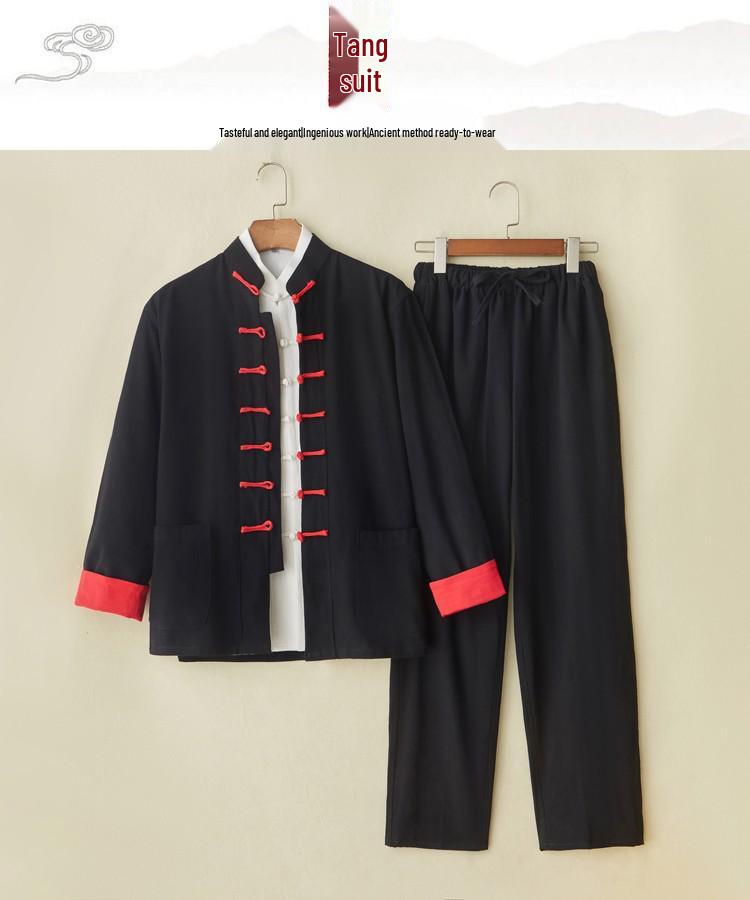Herren Chinesischer Tang-Anzug: Frühlings-/Herbst-Baumwoll-Leinen-Set mit Froschknöpfen - Retro Mönch Teezeremonie Hanfu Robe.