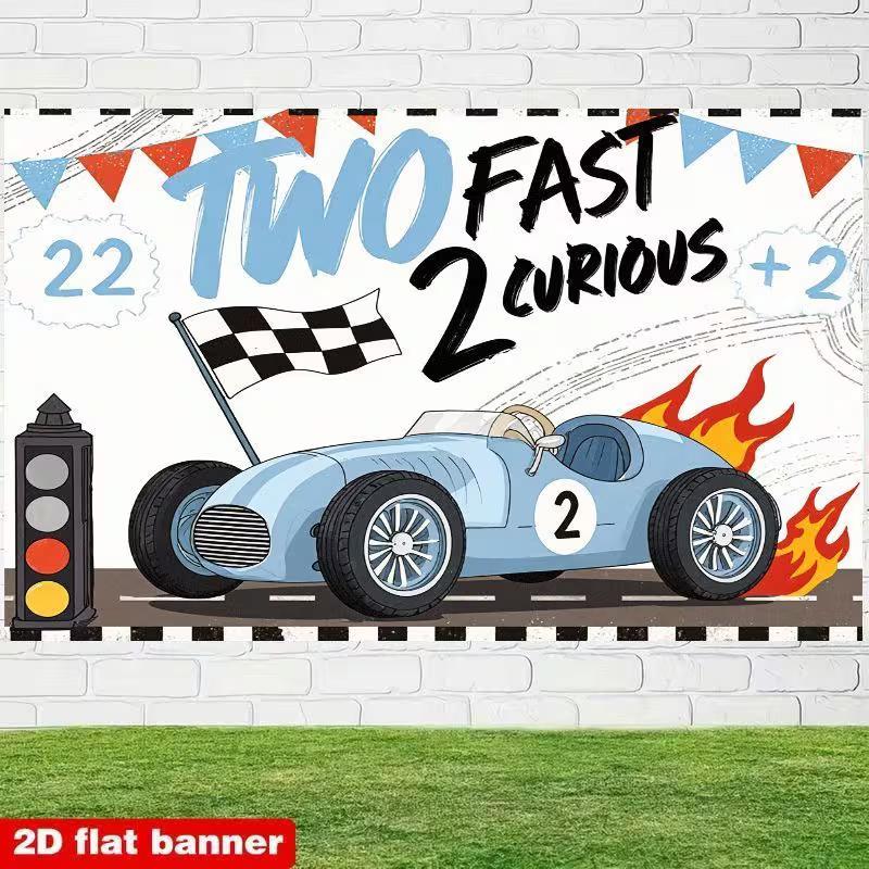 

2D Vintage Race Car Photography Background, Two Fast 2 Curious Party Decor 47.2x31.5inch/120*80cm