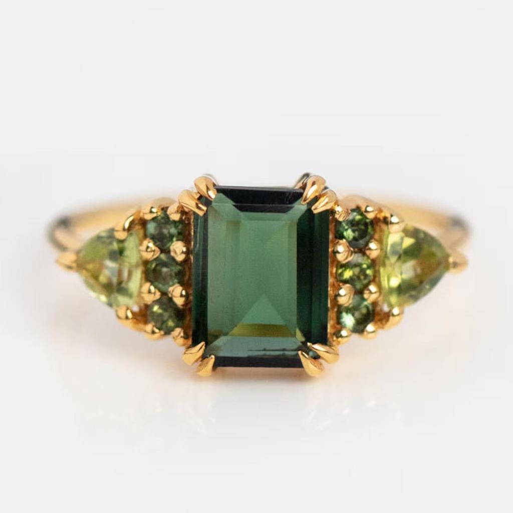 Emerald Cut Emerald Ring: Trilliant Peridot Accent, 925 Sterling Silver Wedding Jewelry: Art Deco Bridal Gift For Women