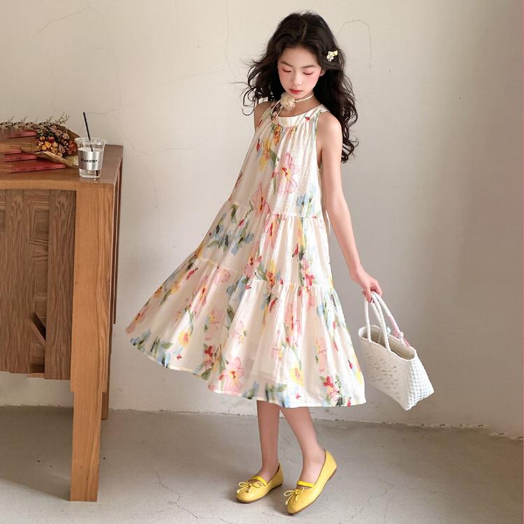 Girl's Floral Neck-Hanging Suspender Dress with Bow