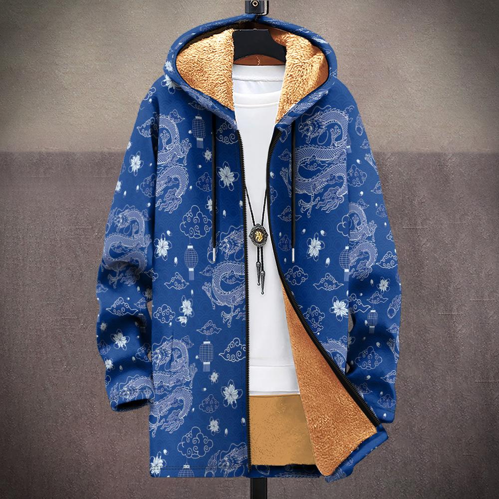 New Jacket: Multi-colored Pattern Elements, Zipper Hooded Cardigan, Thickened Winter Fleece Padded Clothes, Yellow Lining, Trendy Cotton Clothes