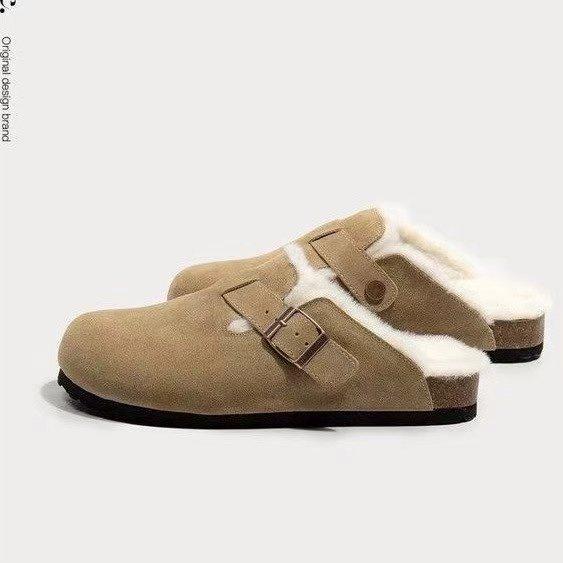 Pink platform Boken shoes, fluffy shoes, autumn and winter models, one-pedal outer wear, lazy retro bag head, half drag, velvet women's shoes