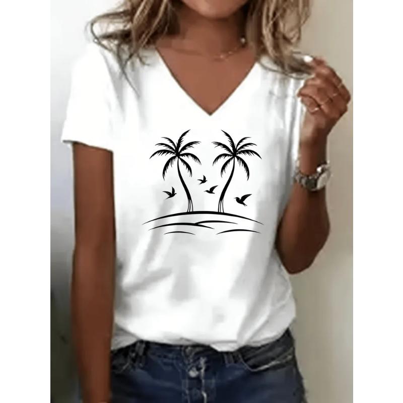 Fashion Women's V-Neck Short Sleeve 3D Casual Color Printing Casual Short Sleeve V-Neck T-Shirt