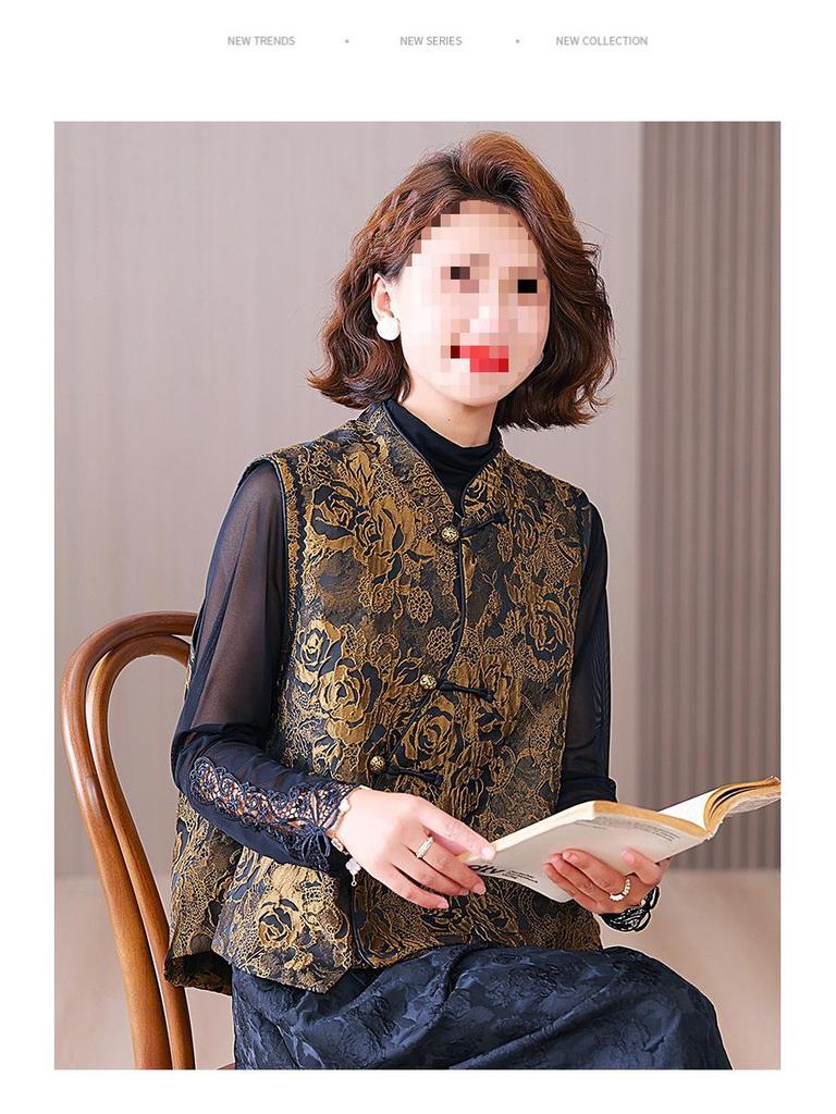 Dame Høst/Vinter Forbedret Tangdrakt Vattert Vest med Ståkrage - Kinesisk Nasjonalstil Jacquard Yttertøy.