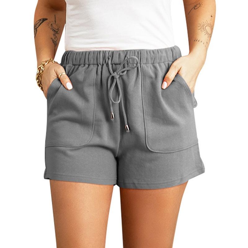 Women Solid Color High Waist Loose Straight Drawstring Casual Summer Shorts