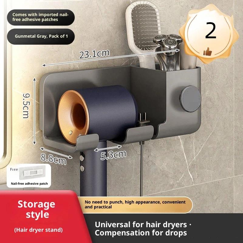 Wall-Mounted Hair Dryer Holder - No Drilling Required, Plastic Bathroom Storage Rack With Multiple Compartments For Hair Dryers