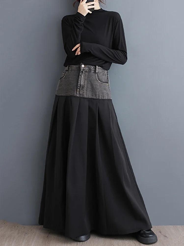 Xitao Patchwork Casual Plissee A-linie Rock Mode Einfachheit Temperament Winter Frauen Rock HQQ1989