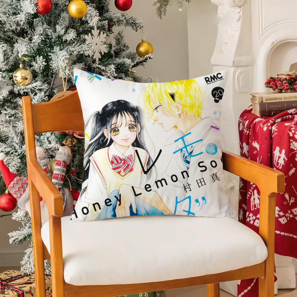 

HHoney Lemon Soda ANIME Pillow Case Silky Short Plush With Invisible Zipper Dustproof Sofa Cushion Cover For Home Decor 30X30cm