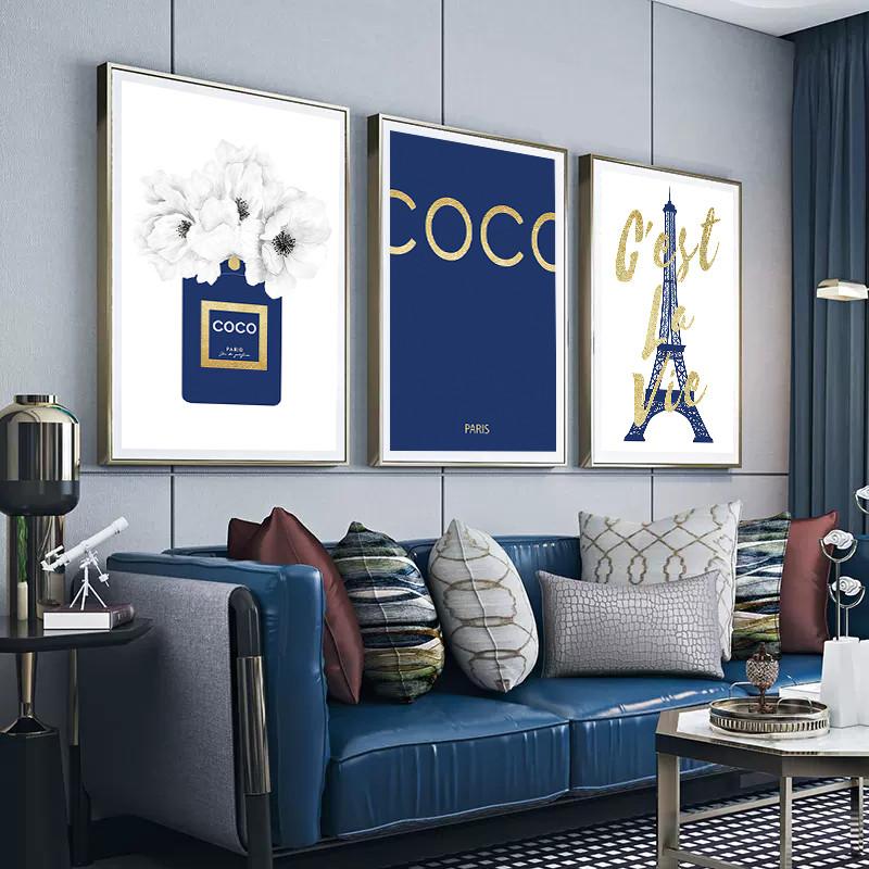 Modeblomma Blå parfymaffisch och tryck Eiffeltornet Väggkonst Dukmålning Sovrum Vardagsrumsdekoration Heminredning