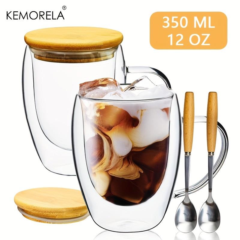 

2 шт. Прозрачная двухслойная стеклянная чашка с деревянной крышкой и ложкой, бытовая кофейная кружка 350/450 мл, чашка для кофе, капучино, эспрессо 301-400ml