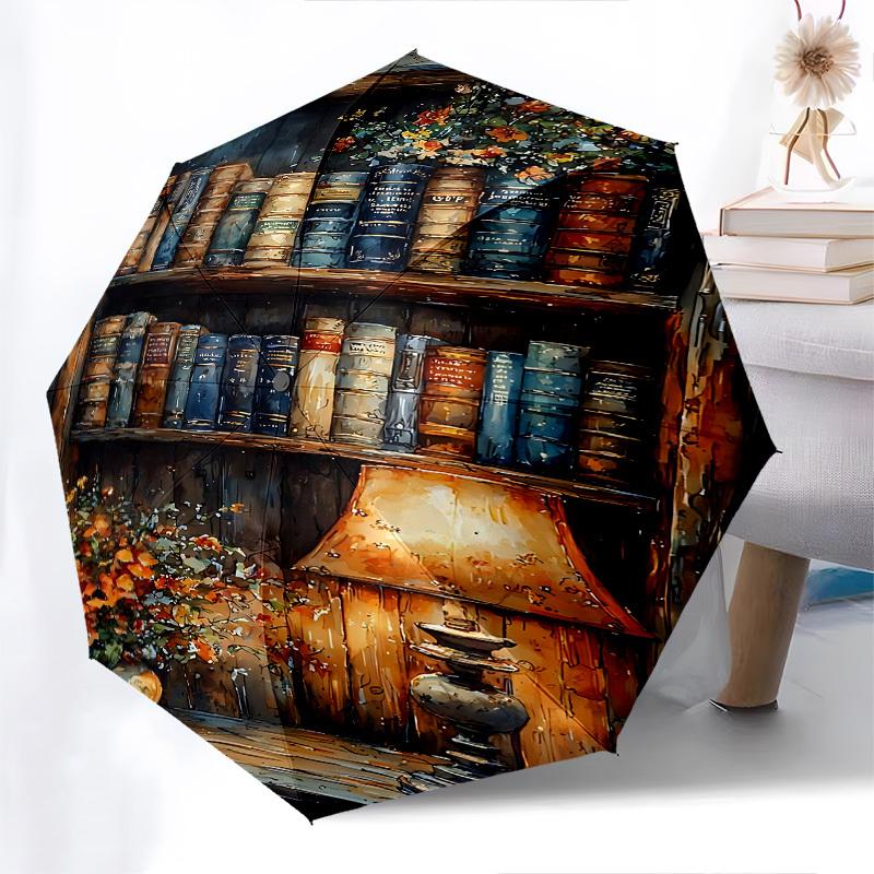 Bücherregal, Lampen-Thema, Automatisches Öffnen und Schließen, Helle Farben, 8-Speichen, Tragbarer Regenschirm, Geeignet für Männer und Frauen, Ein Perfek