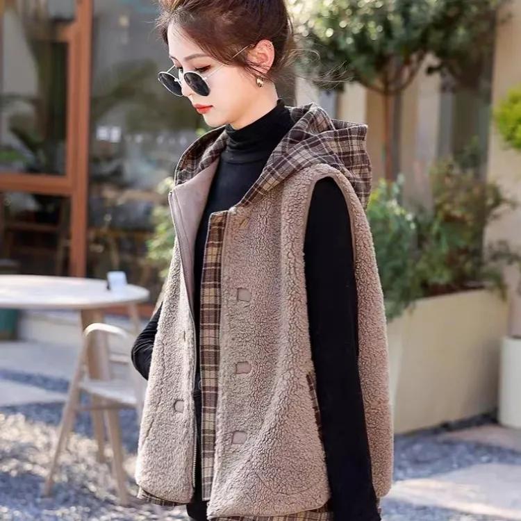Lamb Wool Vest Women's Spring and Autumn Loose Plaid Hooded Stitching Sleeveless Vest Outer Jacket Women