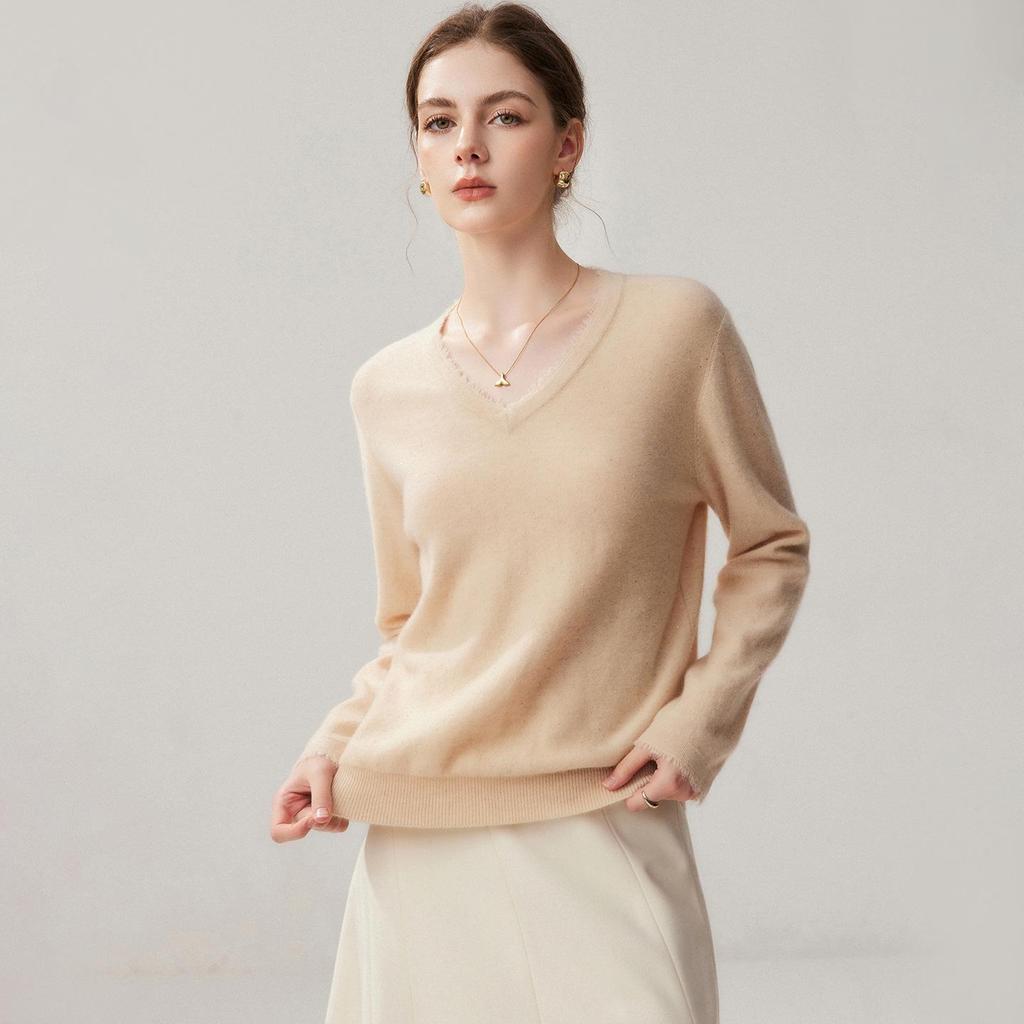Women's V-Neck Sequin Cashmere Sweater - 2026 Autumn/Winter Collection: Elegant, Loose, Warm, Slimming Base Layer.