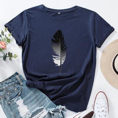 Summer Women T Shirt Casual  Feather Print Ladies Regular Short Sleeves Loose Fashion Female Graphic Tees Shirts Tops