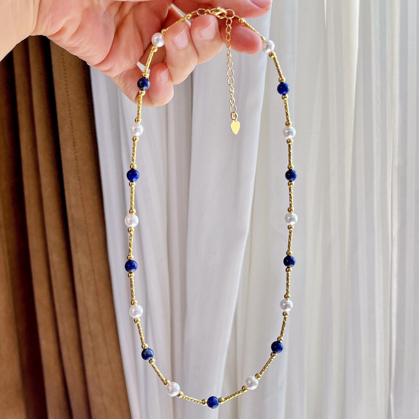 

Natural Lapis Lazuli Artificial Crystal Pearl Collarbone Chain Necklace