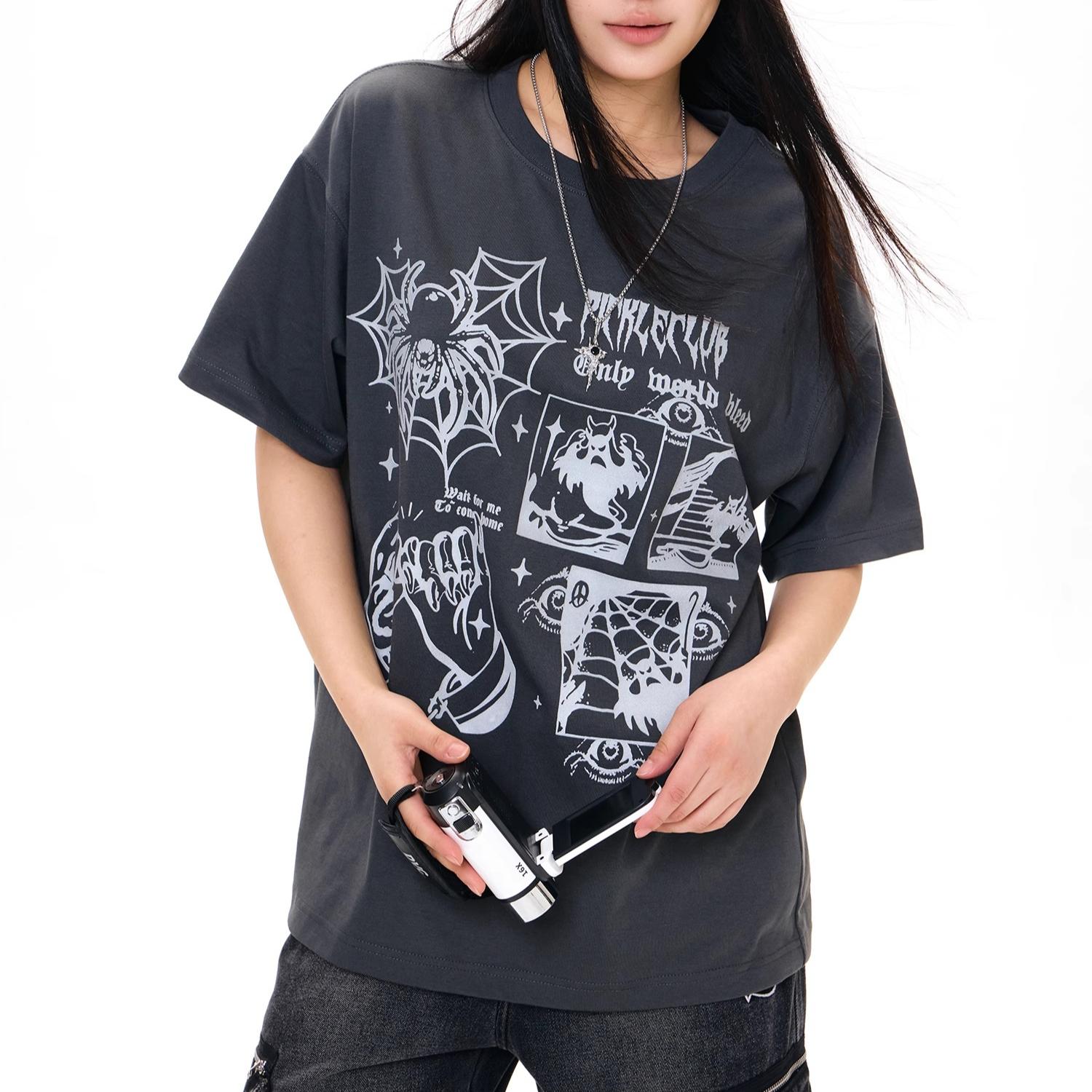 

летняя женская футболка из чистого хлопка с винтажным графическим принтом в стиле Харадзюку с круглым вырезом, свободного покроя, повседневные топы Y2K, большие размеры, унисекс, черные, серые футболки, уличная одежда 2XL серый