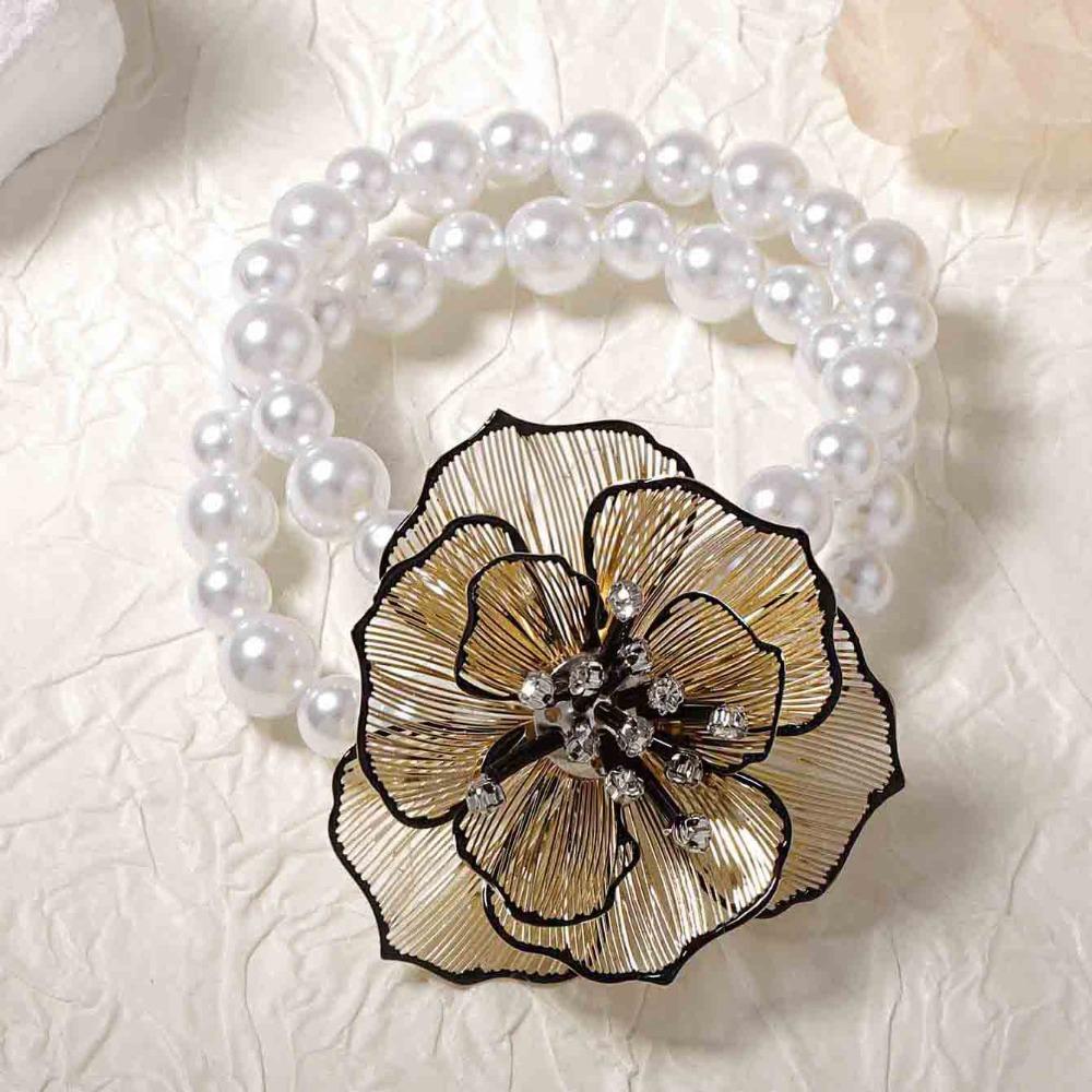Elegant Geometric Lines Necklace Vintage Floral Pearls Ear Studs Hollow Flowers Jewelry Set  Party