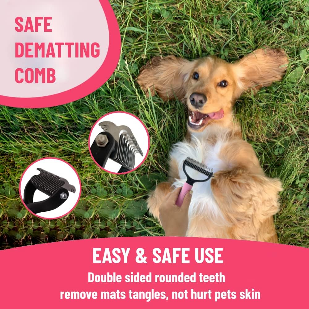 Zestaw do pielęgnacji psa - Szczotka do usuwania sierści krótkowłosej, Szczotka slicker, Grzebień na pchły, Zestaw szczotek dla szczeniąt w kolorze różowym