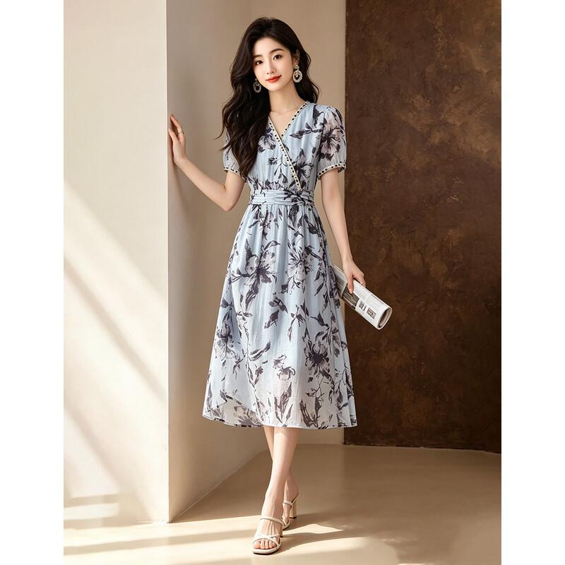 D.F.DEAR Retro Chinese Style Printed V-Neck A-Line Dress