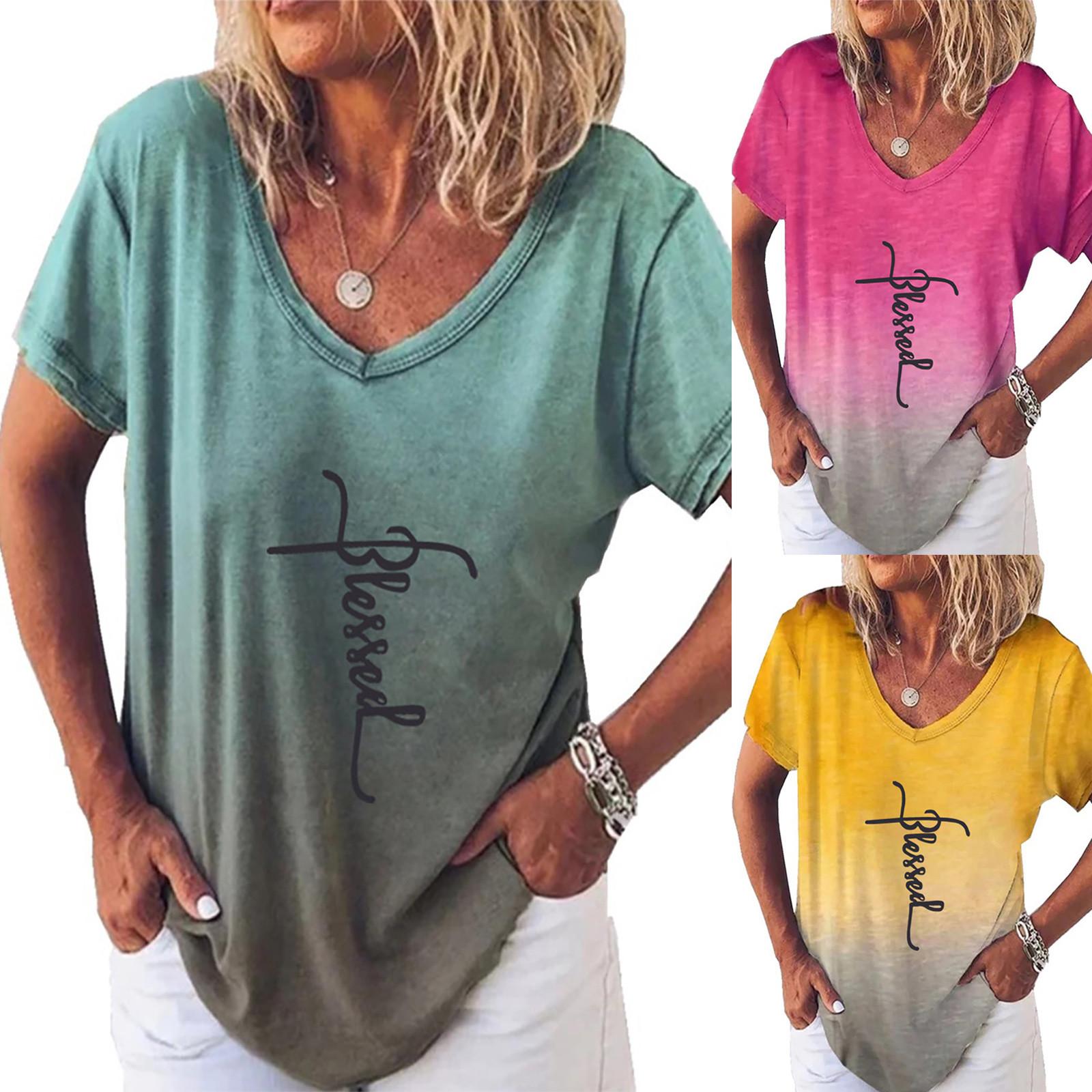 

Мода женщины Письмо Кросс Печать Короткий рукав V-Neck Loose Pullover футболка