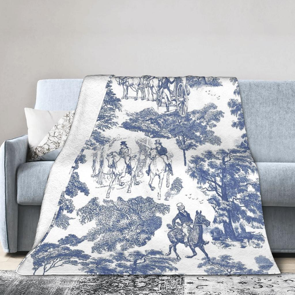 Orgoglio e Pregiudizio Cavalli Blu Polveroso Motivo Toile Coperte Velluto Tutte le Stagioni Morbido Plaid per Divano Ufficio Biancheria da Letto Plaid