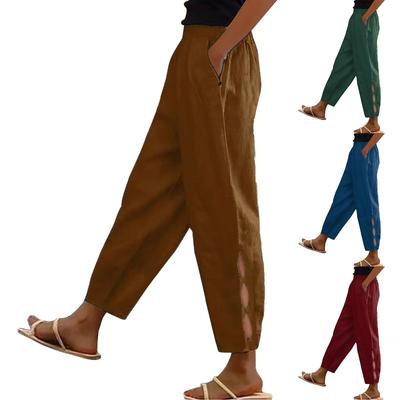 Women's Fashion Cotton Linen Color Casual Daily Side Pockets Leg Hollow Button Trousers