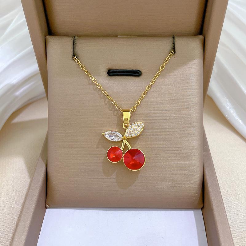 Gold Color Sweet Red Crystal Cherry Pendant Necklaces for Women Girls Stainless Steel Chain Cute Jewelry Accessories Gifts