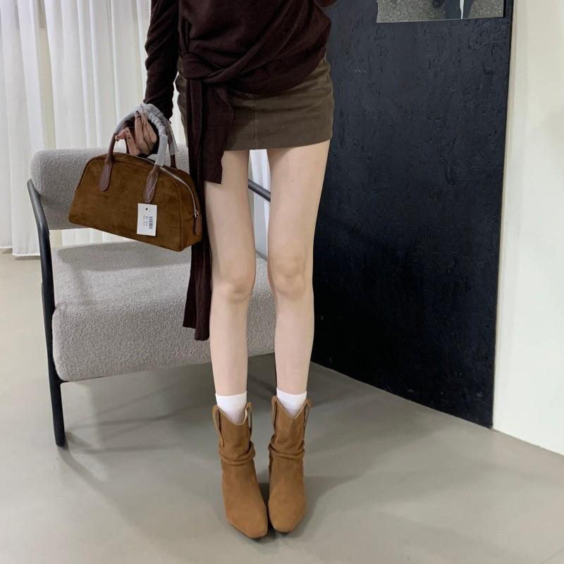 Cowhide version Korean version low-heeled pointed pleated stacking boots 2025 autumn and winter new retro flat-bottomed Martin boots cowboy boots