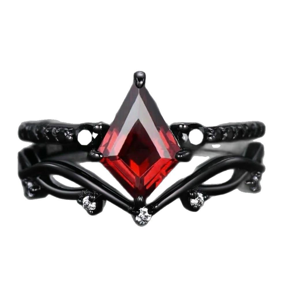 Red Crystal Gemstone Square Diamond Black Couple Rings - Retro Style Electroplated Jewelry