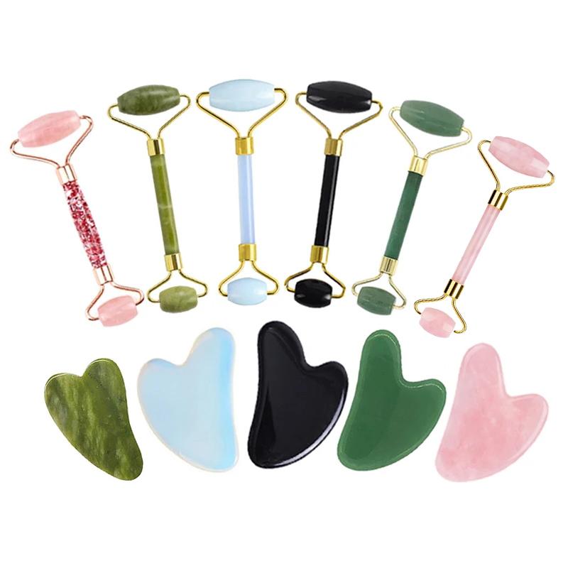 Natural Jade Roller Gua Sha Set Rose Quartz Obsidian Amethyst Jade Massager Gouache Scraper For Facial Lifting Skin Care Tools