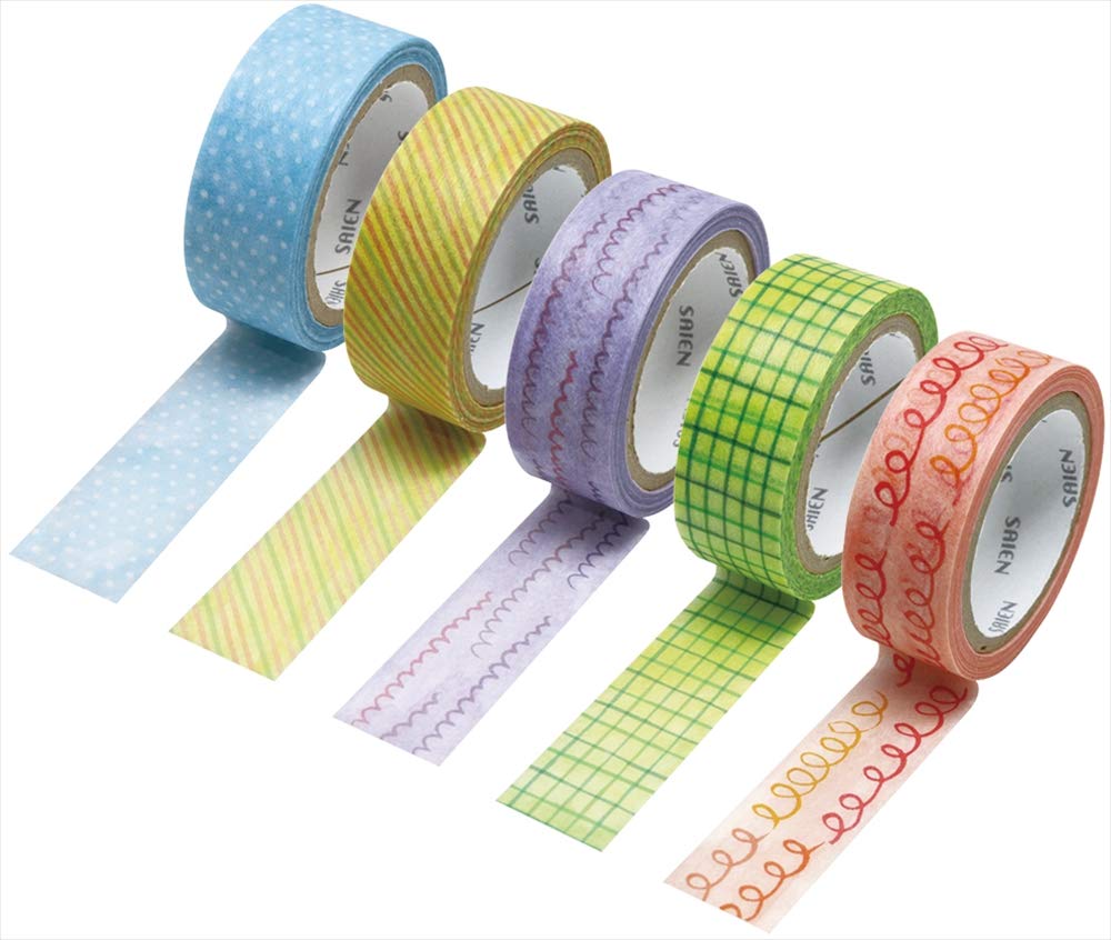 Kamiiso masking tape with by Miki set of 5 15cm wide x 7m roll Sangyo's Japanese-made "Saien" "Tear-off Art" Tamura, rolls,