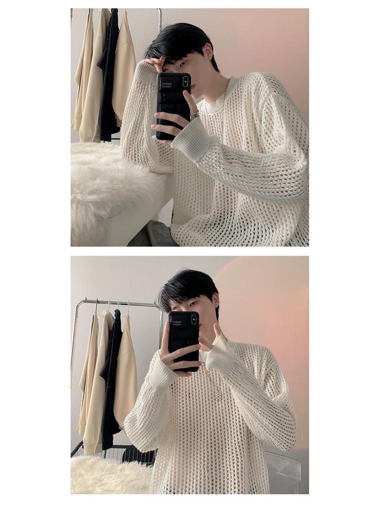 Herren Sommer Dünnes Karomuster T-Shirt: Trendiger Hong Kong Stil, Lochstrick, Langarm, Rundhals Überwurf