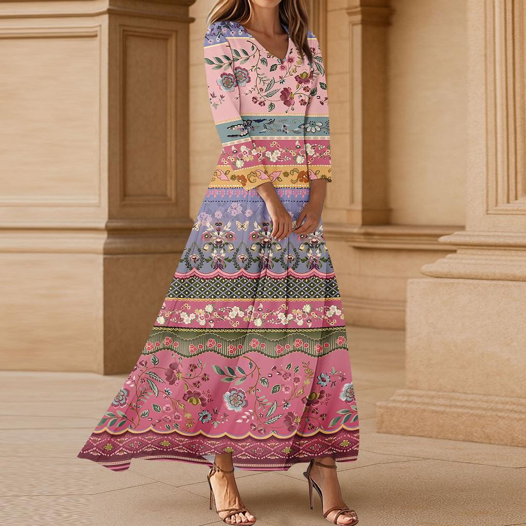 Kjoler For Damer Vintage Blomst Tunika Midjet Midi Kjole Sommer Casual 3/4 Ermet Kjole