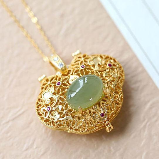 Natural Hetian Jasper Geometric Open Hollow Pendant Necklace Chinese Retro Light Luxury Charm Women'S  Jewelry