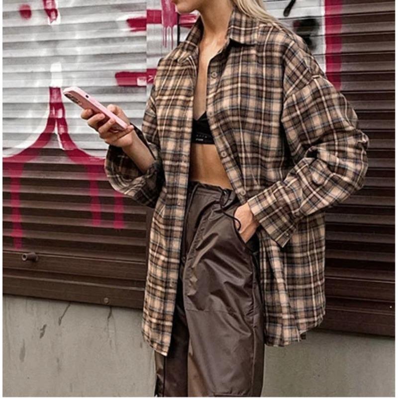 Spring New Retro Plaid Shirt Women's Long Design Fashionable Loose Top