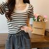 Summer New All-match Striped Square Collar Slim-fit Sweater Short-sleeved Women's Top Fashion Casual T-shirt