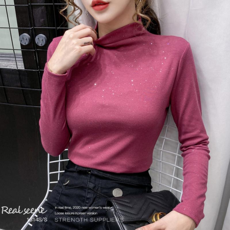 Zimní Dámská Móda Top Třpytky Dámské Nové Tlusté tričko se zapínáním na polovysoký výstřih, dlouhý rukáv Basic All Match Trička