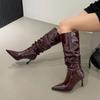 2024 Autumn Women's Pointed Toe Pleated High Boots Fashionable Thin Heel Stacked Boots High Heel Over The Knee Boots Zapatos