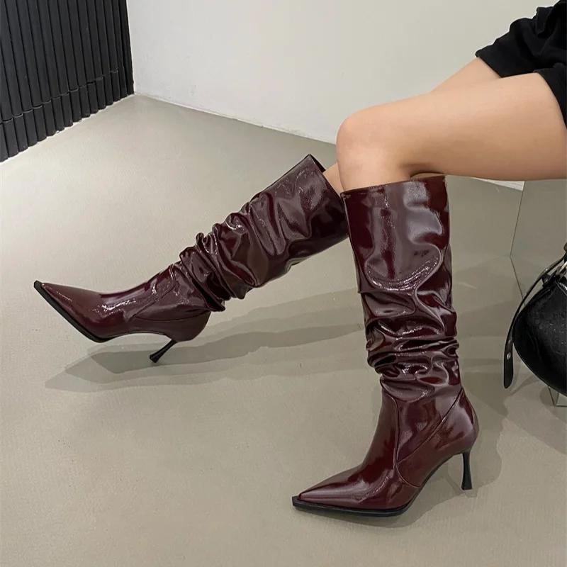 2024 Autumn Women's Pointed Toe Pleated High Boots Fashionable Thin Heel Stacked Boots High Heel Over The Knee Boots Zapatos