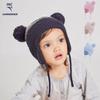 Langzhen Kids' Color Block Knit Wool Hat with Double Pom Poms & Earflaps - Fleece Lined for Warmth (Autumn/Winter)