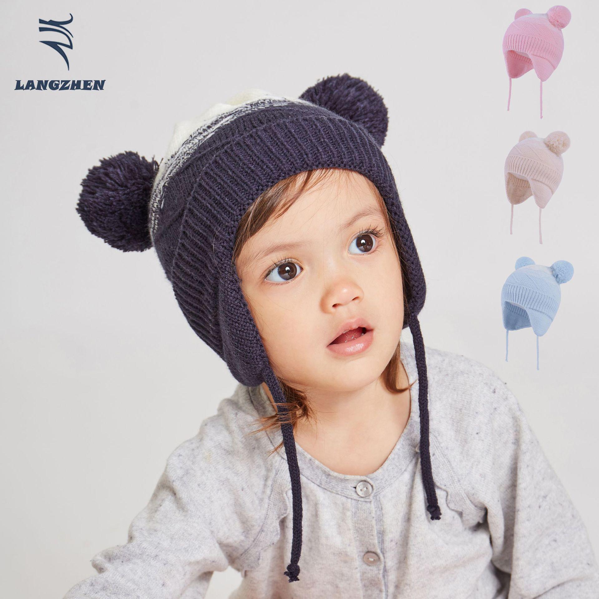 

Langzhen Kids Color Block Knit Wool Hat with Double Pom Poms & Earflaps - Fleece Lined for Warmth (Autumn/Winter) S (46-48CM) 0-1Y хакі