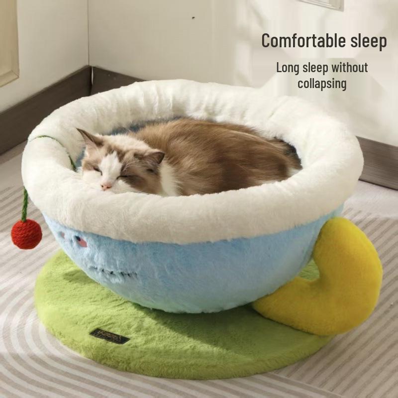 All-Season Semi-Closed Cat Bed: Warm Winter Nest with Cozy Coffee Cup Design