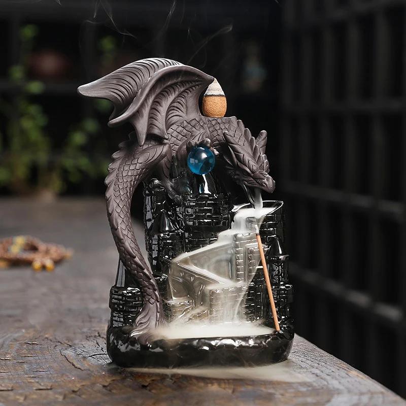 Purple Sand Dragon Inverted Incense Burner Creative Ceramic Castle Winged Dragon Inverted Smoke Incense Burner Ornaments Crafts