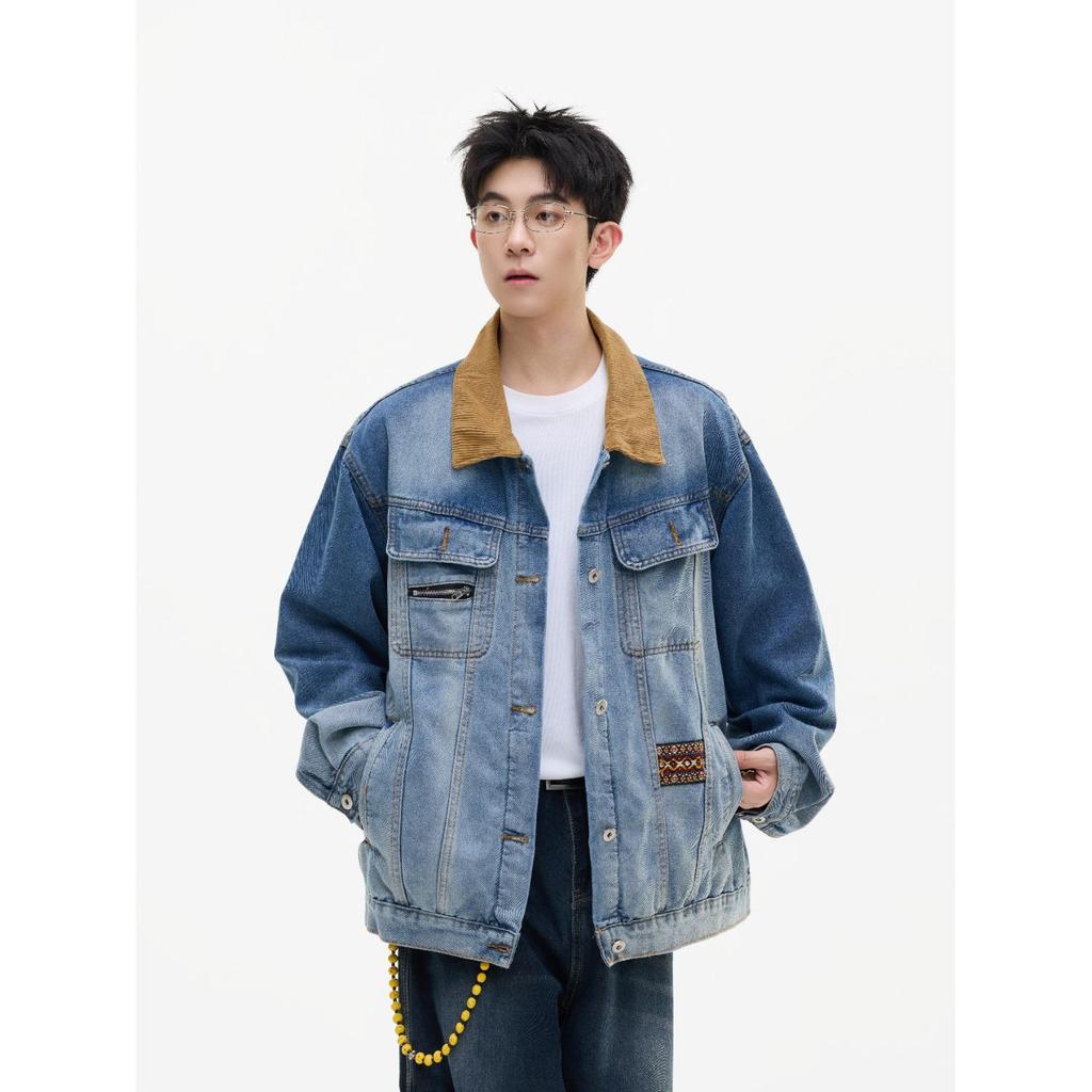 Men's Retro Denim Jacket: Spring & Autumn Casual Solid Color Lapel, Trendy and Loose Fit.