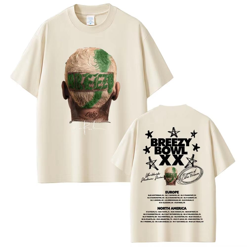 Vintage Washed Chris Brown Breezy Bowl XX Tour 2025 R&B Pop Graphic T-shirt Men Women Printed Tee Summer Casual Fashion Clothing Tops Streetwear